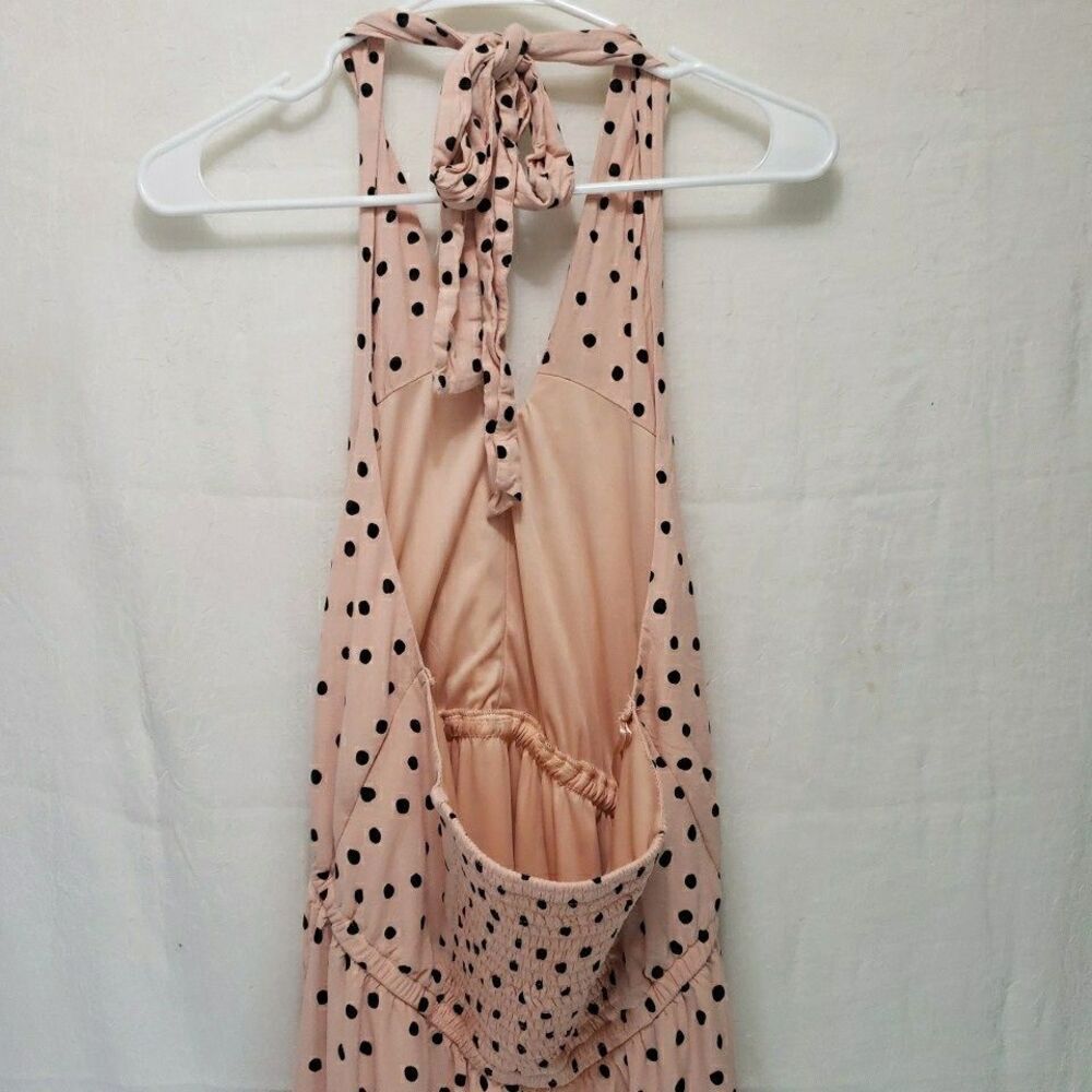 Maurices Blush Pink Black Polka Dot Halter Maxi Dress Medium Smocked Tiered Boho - Picture 4 of 12